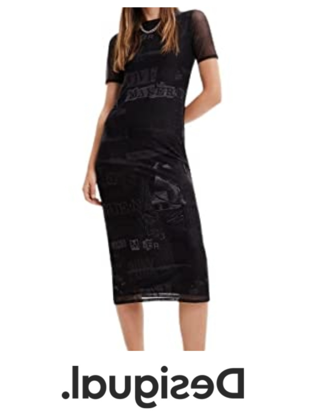Desigual Black Contemporary Vest CANDEM Semi Sheer Short Sleeve Midi Dress, XS